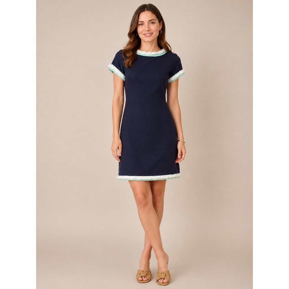 Sail to Sable Navy Blue Linen Shift Dress Fringe Trim Size XS